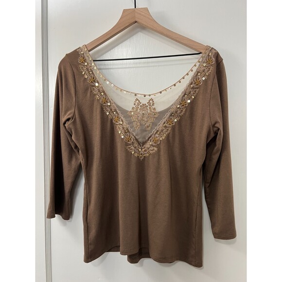 Soft Surroundings Women's Brown 3/4 Sleeve Top Lace Beaded Sequins Size M - Picture 2 of 9